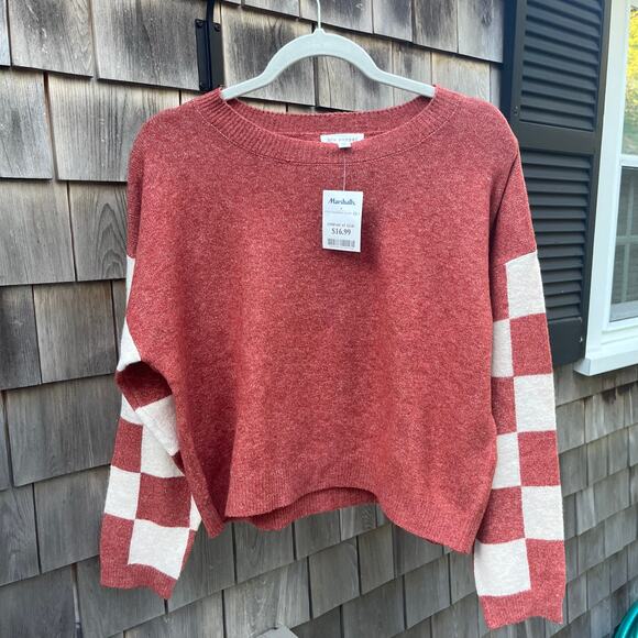 NWT, Blu Pepper, Rusty Orange & White Sweater with Checkered Sleeves - Picture 1 of 7
